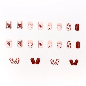 24pcs strawberry nail set with red plaid patterns and creamy pink polka dots