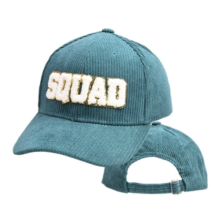 Detail of teal corduroy baseball cap with SQUAD embroidery and metal adjustable strap