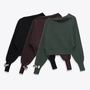 Slim fit off-shoulder knit sweater for women in black, brown and dark green colors