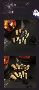 Detailed view of Halloween matte nails featuring skull, spider web and pumpkin art