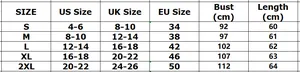Detailed size chart for women's V-neck shirt including US, UK, and EU measurements
