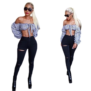 Women's blue plaid off-shoulder crop top with high waist ripped skinny black jeans set