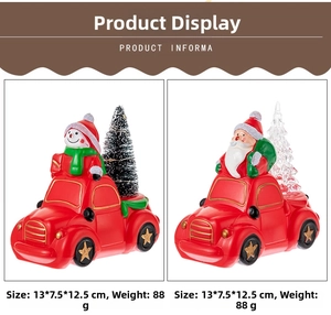 Detail view of red Christmas truck ornament with Santa, snowman and size 13x7.5x12.5cm