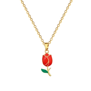 Elegant gold titanium steel necklace featuring a red tulip pendant with a green leaf detail