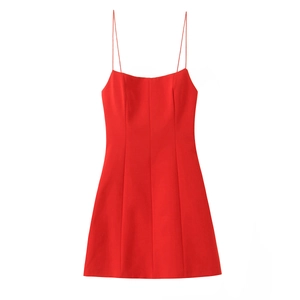 Elegant red sleeveless mini dress with spaghetti straps on a white background