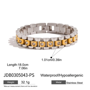 Detail shot of two-tone stainless steel link bracelet with zircon inlay measurements