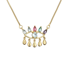 Collier avec pendentif œil maléfique doré serti de zircons colorés et gouttes d'eau