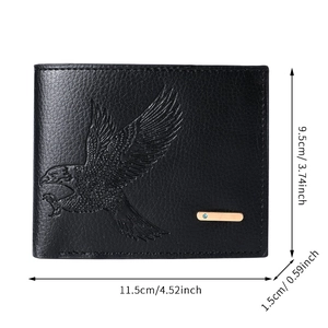 Detailed size specifications of slim black wallet with embossed eagle pattern and gold trim