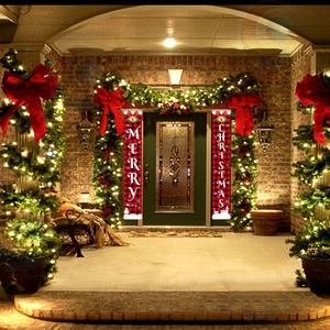 Outdoor Christmas porch banners featuring red and black buffalo plaid and white reindeer