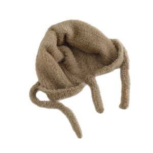 Plush brown winter baby bonnet with cat ears and warm earflaps on white background