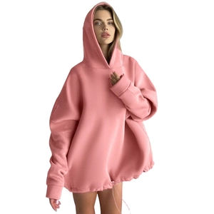 Pink oversized drawstring hoodie for women with minimalist loose fit and ribbed cuffs