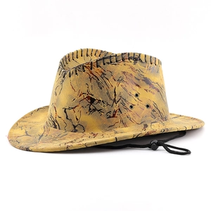 Yellow marble pattern western cowboy hat with black stitching and adjustable chin strap