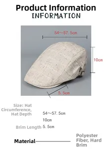 Guide des tailles pour béret vintage montrant 54-57,5 cm de tour et les matériaux