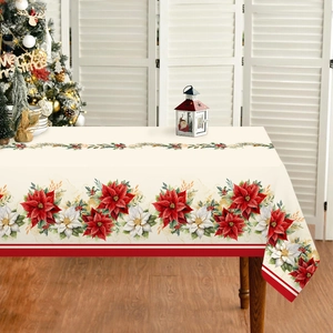 Waterproof Christmas tablecloth with red poinsettia pattern and gold accents