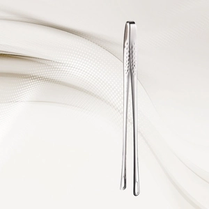 Polished stainless steel BBQ tongs with non-slip handle and hanging loop for grilling