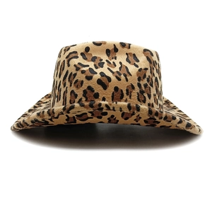 Detail of leopard print western cowboy hat with soft faux fur texture and curved brim