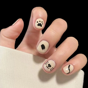 Press On Nails Kawaii Cat Paw Pattern Short Round Detachable Fake Nails Manicure For Women Girls