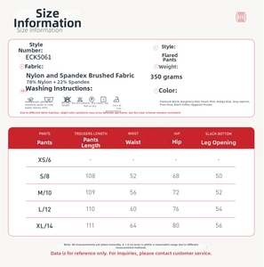 Tableau des tailles pour pantalon de yoga évasé montrant les mesures nylon et spandex