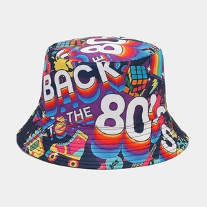 Detail of vibrant 80s 90s retro graffiti print bucket hat with Back to the 80s text