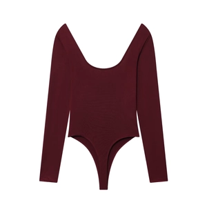 Chic burgundy square neck long sleeve bodysuit with slim fit design on white background