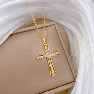 Elegant gold-plated titanium cross pendant necklace with sparkling micro-pave crystals