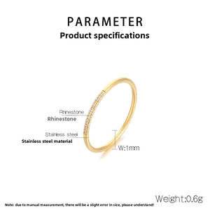 Detail of 1mm ultra-thin stainless steel ring with rhinestones and product specs
