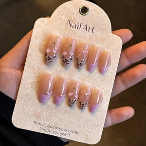 Press On Nails Almond Shape Sweet French Style Leopard Print Cherry Design Artificial Pearl Bow Decor Manicure Accessory For Women