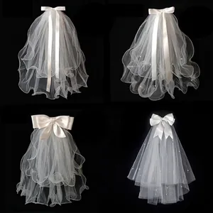 Short Bridal Veil White Layered Tulle With Satin Bow Faux Artificial Pearl Decor French Style Wedding Party Headpiece
