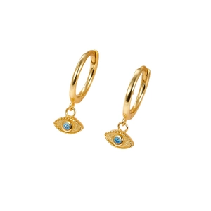 Elegant gold S925 sterling silver hoop earrings with blue evil eye charms for women