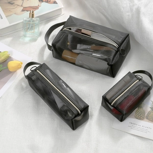 Three-piece set of black mesh cosmetic bags in various sizes on a white background