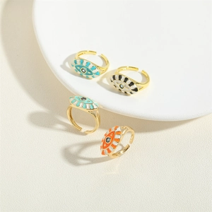 French vintage gold evil eye open rings set with colorful enamel rhombus design