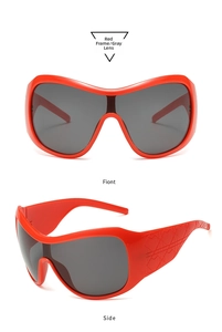 Detail showing red shield frame with gray lenses and geometric textured temples