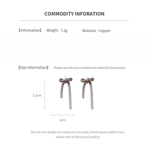 Detailed size specifications for silver needle bow earrings in copper with dimensions