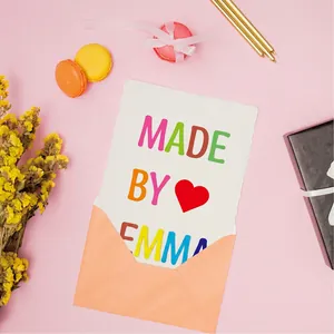 DIY vinyl letter stickers on peach envelope and deckle edge card for handmade crafts