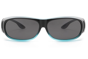 Detail of dual-tone black and cyan fit-over sunglasses with high-definition lenses