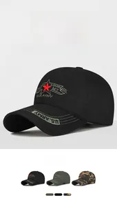 Detailed view of U.S. ARMY embroidery and star logo on various colored baseball caps