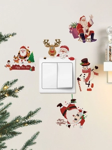 Detailed view of watercolor Santa and reindeer stickers applied around a light switch
