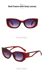 Detail view of red oval sunglasses featuring hollow temples and gradient grey lenses
