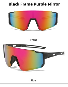 Front and side views of cycling sunglasses with matte black frames and purple lenses