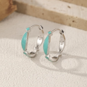 S925 sterling silver hoop earrings with mint green enamel inlay on textured stone