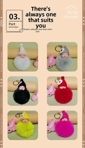 Detail showcasing variety of colorful plush doll keychain charms with knitted beanies