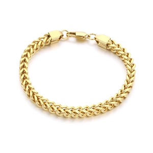Mens gold stainless steel wheat chain bracelet with secure lobster clasp on white background