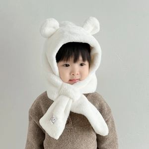 White plush bear ear hooded scarf for toddlers, thick windproof winter fleece hat