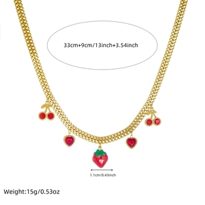 Gold plated stainless steel necklace with cherry, heart, and strawberry charms, 33+9cm