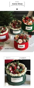 Detail of red and green festive gift boxes with knit texture and rose floral arrangement