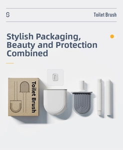 Detailed parts of a wall-mounted silicone toilet brush kit with box and components