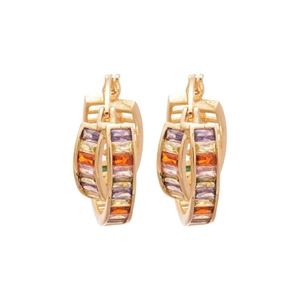 18K gold plated hoop earrings featuring colorful square zircon stones on a white background