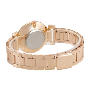 Detail view of rose gold quartz watch with classic three-row metal link strap and clasp