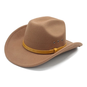 Classic brown felt western cowboy hat with a yellow embossed band on white background