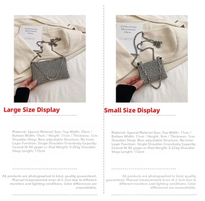 Size comparison chart showing dimensions for large and small rhinestone crossbody bags